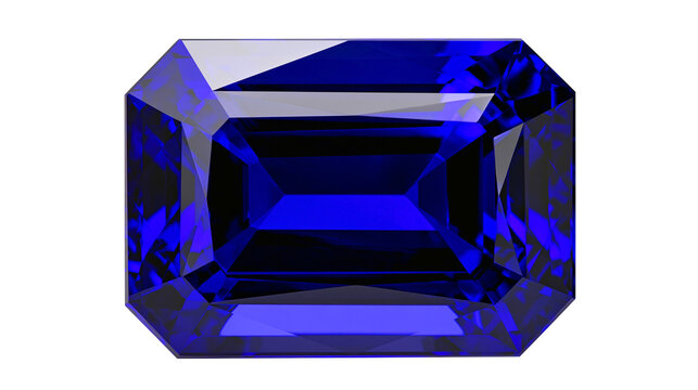 Deep blue emerald cut sapphire gemstone faceted and polished, isolated on transparent background