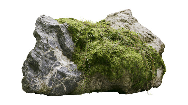 Rough grey boulder covered with lush green moss, isolated on transparent background