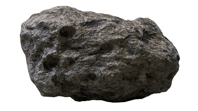 Rough dark grey porous meteorite with craters, isolated on transparent background