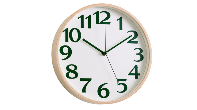 Round wooden wall clock with green numbers, isolated on transparent background