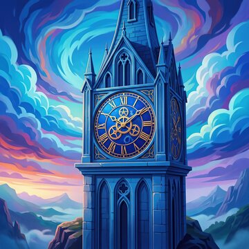 Gothic Clock Tower Reaching Skyward Amid Swirling Nebulaic Clouds and Mountainous Horizon