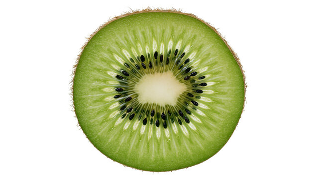 Vibrant green kiwi slice with black seeds, isolated on transparent background