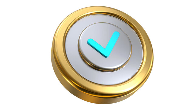 Shiny golden button with silver accent and cyan checkmark, isolated on transparent background