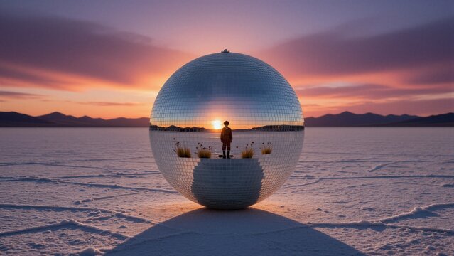 A person stands inside a large reflective geodesic dome on a vast salt flat, surrounded by distant mountain ranges and a vibrant sunset sky.