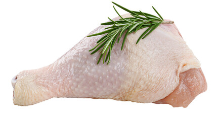 Raw chicken leg quarter with fresh rosemary sprig, isolated on transparent background © ELISA