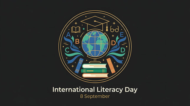 International literacy day circular emblem with globe books and graduation cap education concept