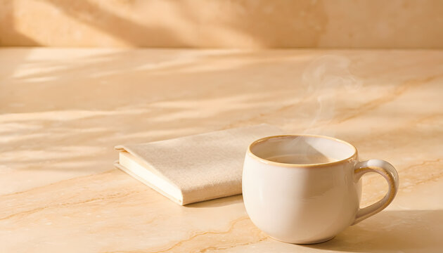 Cozy Workspace concept featuring a steaming handcrafted ceramic coffee cup and a notebook on a marble table