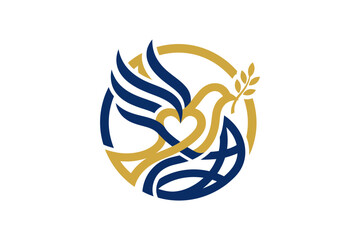 Obraz premium Stylized blue and gold dove bird with heart and olive branch in a circle symbol for peace.