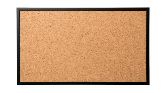Rectangular cork board with black frame, isolated on transparent background