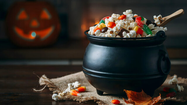 A black plastic cauldron filled with popcorn, candy corn, and colorful gummy candies on a rustic wooden table with a glowing jack o lantern
