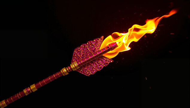 Flaming ornate arrow against a dark black background with background mythology medieval abstract isolated weaponry historical decorative intensity traditional projectile archaeology