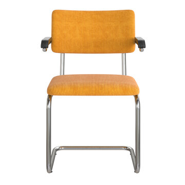 Modern retro vintage armchair with orange fabric seat and metal frame