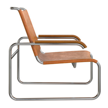Modern retro vintage armchair with orange leather seat and metal frame