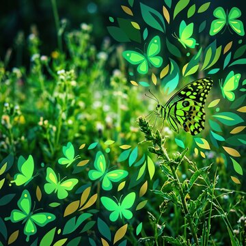 Vibrant Green Butterflies Illuminating a Lush Meadow with Leafy Motifs