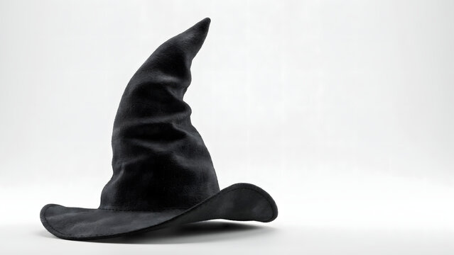 A classic black witch hat with a pointed and wide brim isolated on a plain white background, symbol of magic and halloween costumes
