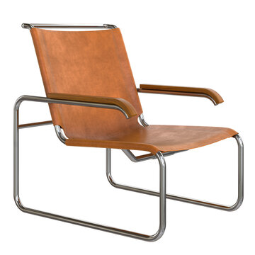 Modern retro vintage armchair with orange leather seat and metal frame