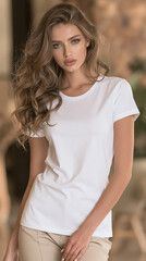 Fototapeta premium women's short-sleeved t-shirt in solid color, casual women's basic t-shirt with short sleeves, universal women's plain short-sleeved fashion shirt