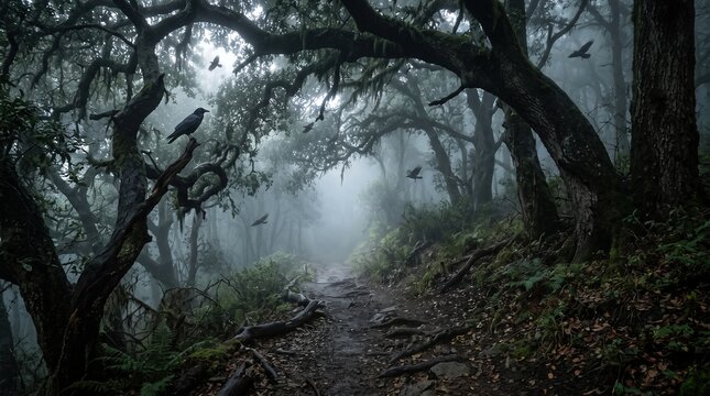 Spooky misty forest path with black crows and eerie fog for horror and Halloween background