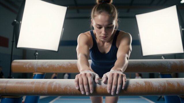 A competitive gymnast in a navy blue leotard focuses intensely on her balance beam routine, hands chalk-dusted and gripping firmly.