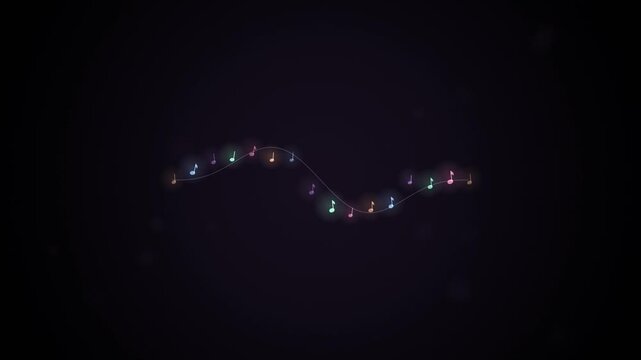 Animated glowing musical notes morphing from a wavy horizontal line into a luminous circle on a dark background.