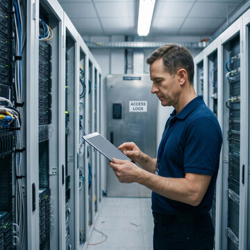 Technician Using Tablet in Secure Server Room