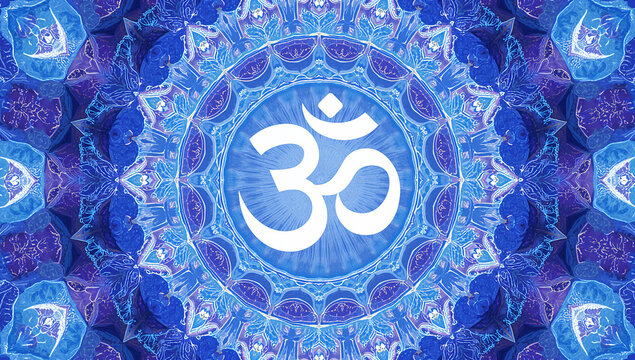 Om symbol in glowing blue mandala pattern for meditation and spirituality with spirituality meditation mystical geometry buddhism hinduism religion tranquility consciousness universe