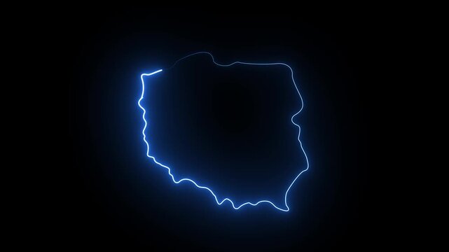 Glowing blue neon outline map of poland isolated on a dark black background