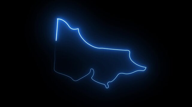 Glowing blue neon outline map of victoria state in australia on a dark black background