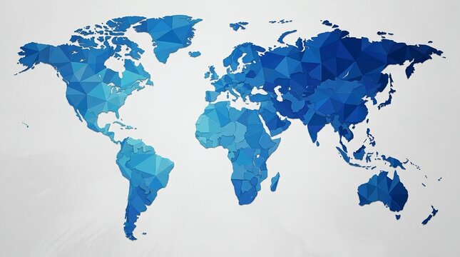 World map stylized with blue geometric triangles depicting global connectivity and modern business logistics digital data
