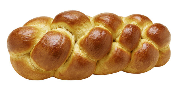 Golden brown braided challah bread loaf, isolated on transparent background