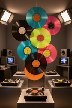 Digitally created vinyl records suspended in a retro-futuristic studio setting, blending analog audio nostalgia with digital manipulation.