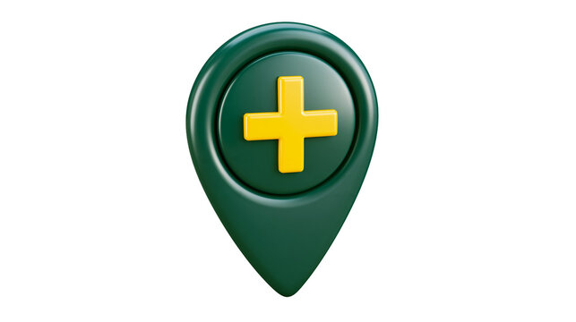 Dark green location pin with yellow plus symbol, isolated on transparent background