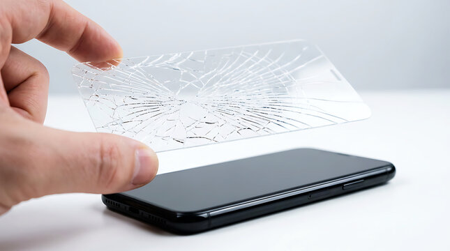 Hand holding smartphone with shattered glass screen