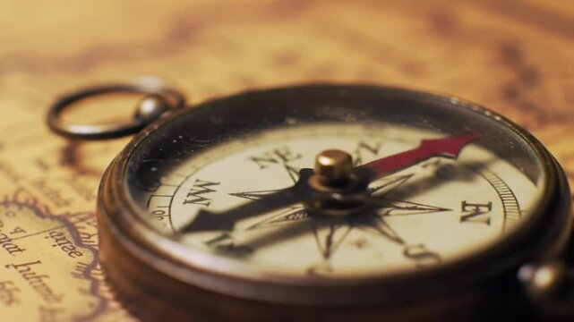 Vintage brass compass on an old world map with warm sunset light, concept for travel and adventure
