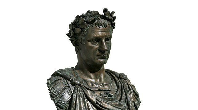 Bronze bust of Roman emperor Augustus wearing laurel wreath, isolated on transparent background