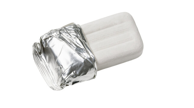 White rectangular chewing gum partially unwrapped from silver foil, isolated on transparent background