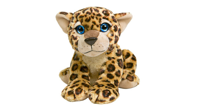 Soft plush leopard toy with blue eyes sitting, isolated on transparent background