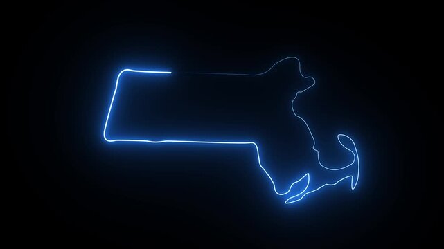 Glowing blue neon outline map of massachusetts state on a dark black background