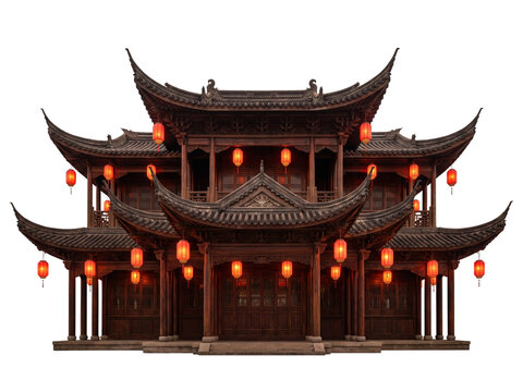 Traditional chinese wooden building with red lanterns isolated on transparent background