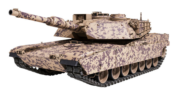 Desert camouflage battle tank with large cannon, isolated on transparent background