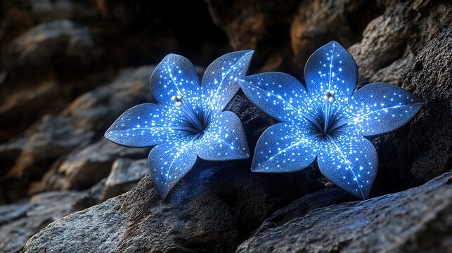 Vivid Blue Five-Petaled Star-Shaped Flowers Resting on a Rough Dark Rock Surface in a Close-Up Macro Shot