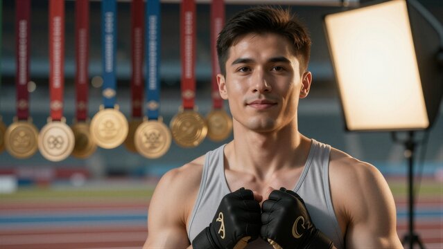A man in a gray athletic tank top and black boxing gloves with gold logos raises his fists near his chest in a digitally created studio setting.
