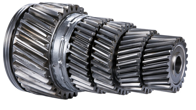 Helical cut gears on a shaft, isolated on transparent background