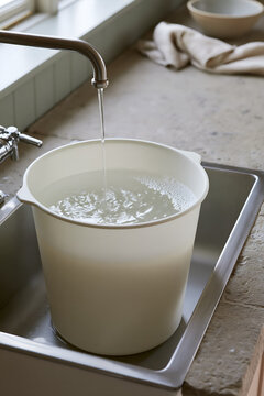 Bucket in a kitchen sink catching water while the tap runs cold