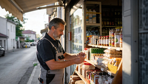 Shopkeeper in his forties arranging goods on a shelf outside a small neighborhood grocery shop in warm evening light, local small business concept photography