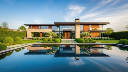 Fototapeta premium Luxury modern mansion with large swimming pool at sunset.