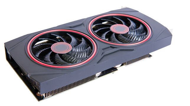 Dual-fan graphics card with red accents, isolated on transparent background