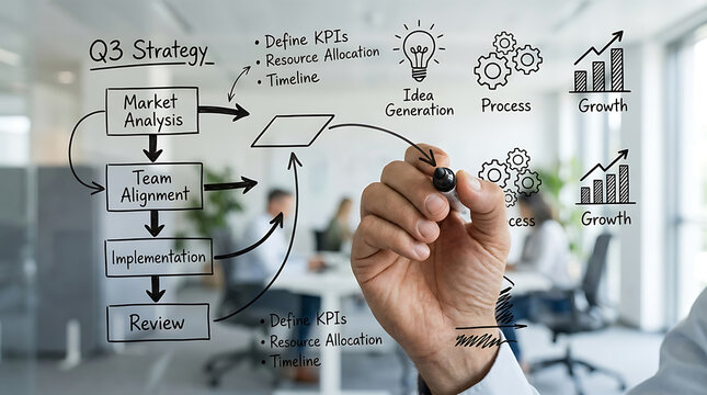 Business professional drawing a Q3 strategy flow chart on a glass wall in an office.