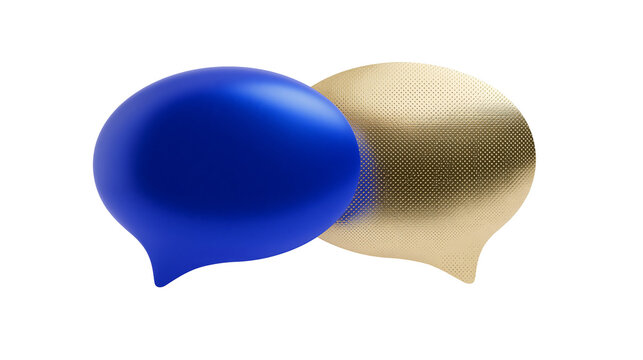 Two overlapping speech bubbles one matte blue and one textured gold, isolated on transparent background
