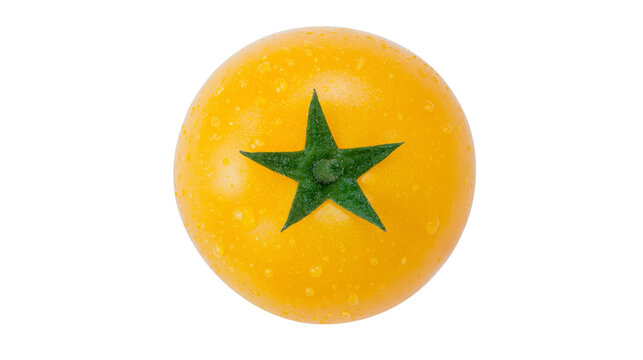 Bright yellow tomato with green star-shaped stem covered in water droplets, isolated on transparent background